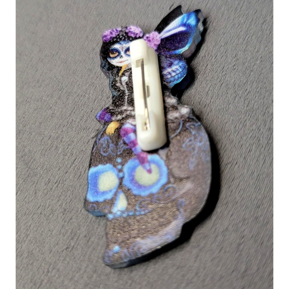 Gothic Fairy Sugar Skull Resin Brooch Jewerley Pin Women Day of the Dead Blue - Picture 3 of 4